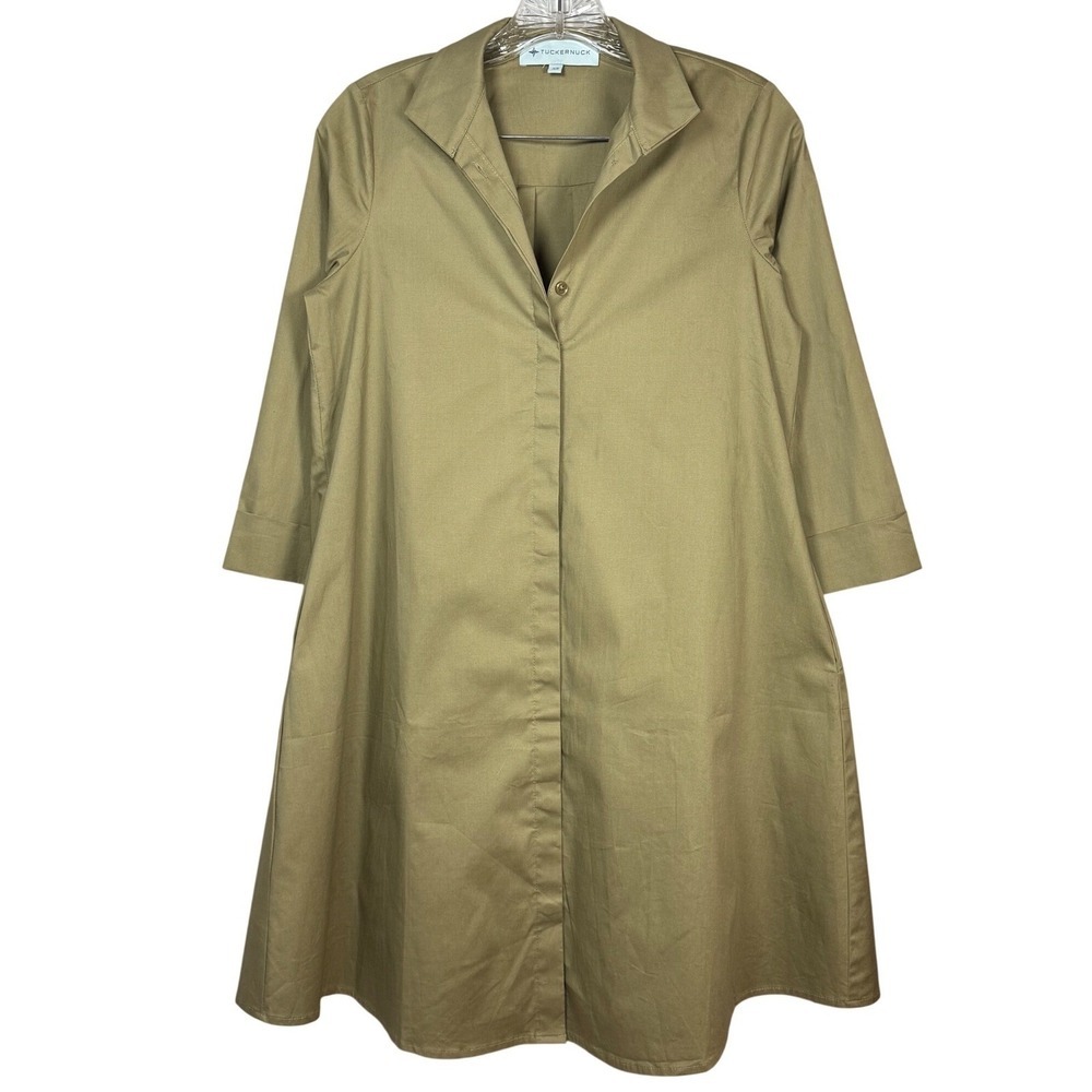 TUCKERNUCK Olive Green Cotton Stretch A-Line Shirt Dress Hidden Button Size XS